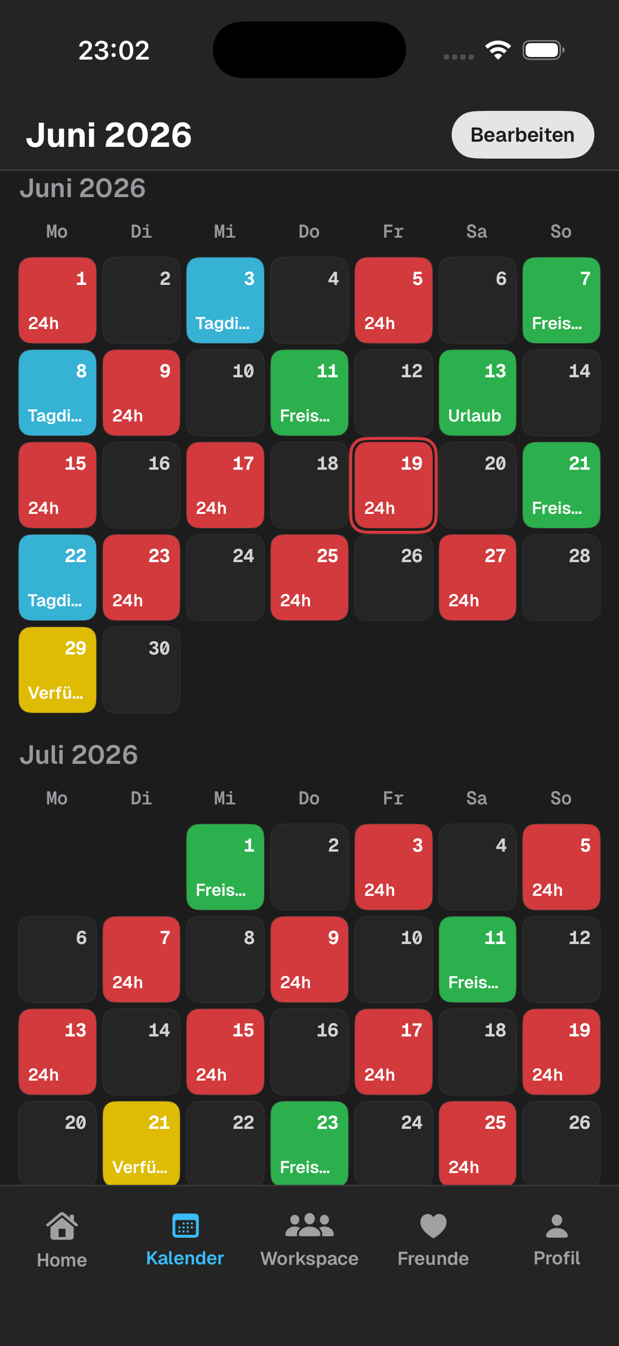 SchichtBuddy Monatskalender mit farbcodierten Schichten