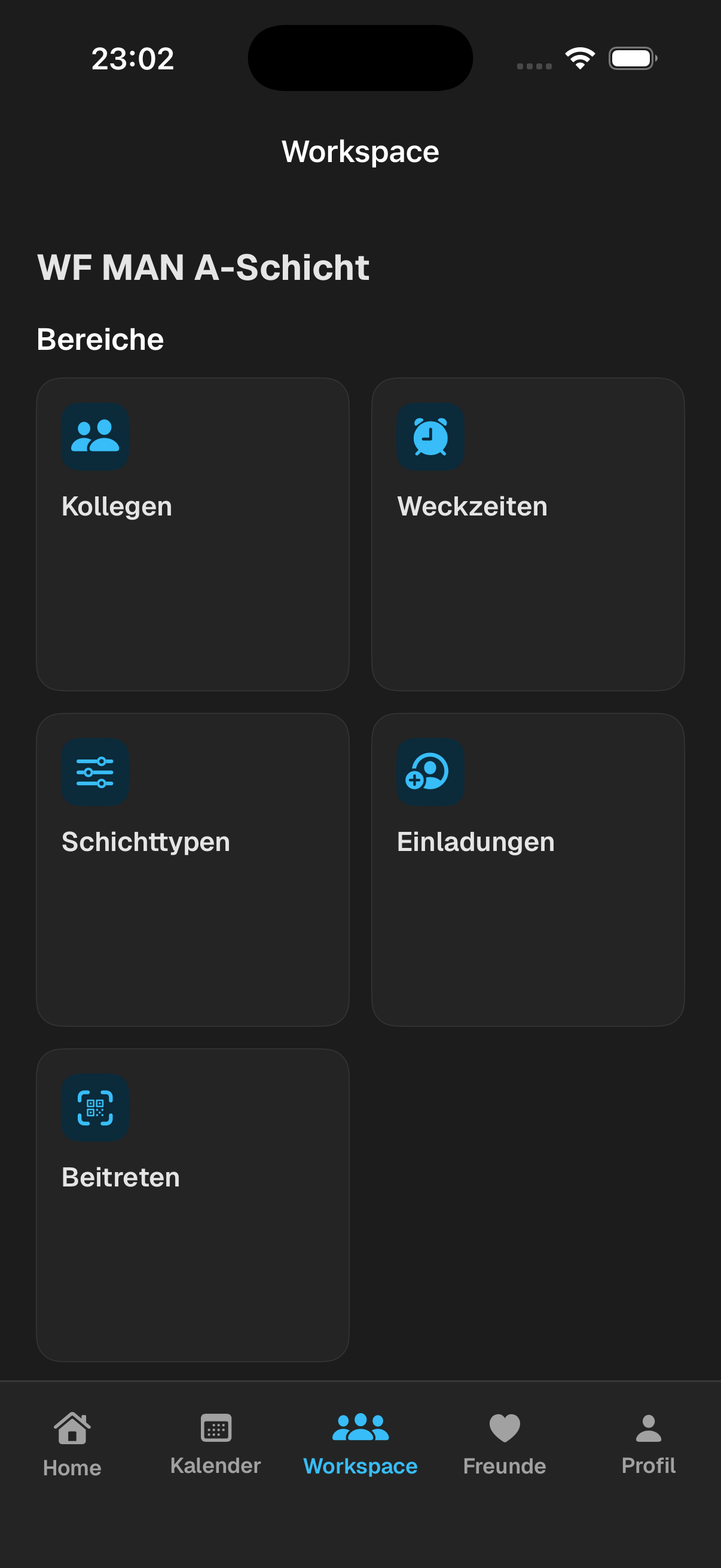 SchichtBuddy Workspace mit Kollegen, Weckzeiten und Schichttypen